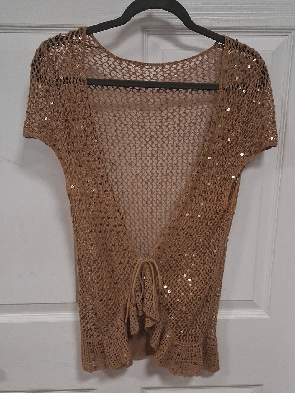 Sequin Detail Crochet Tie-Front Cardigan in Camel